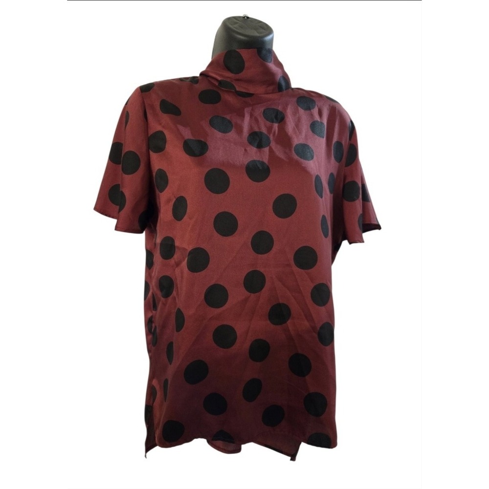 ZARA Maroon & Black Large Polka Dot Satin Feel Top Mock‎ Neck Bow Back Small